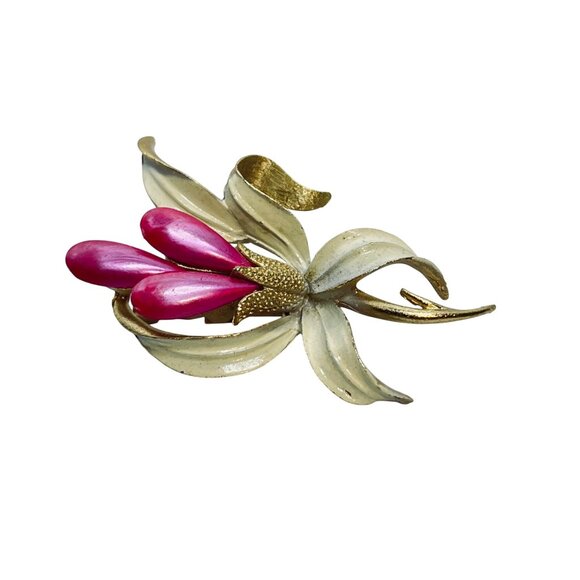 Vintage Mamselle Gold Tone White Enamel & Pink Bead Orchid Brooch (5743) - Picture 7 of 7